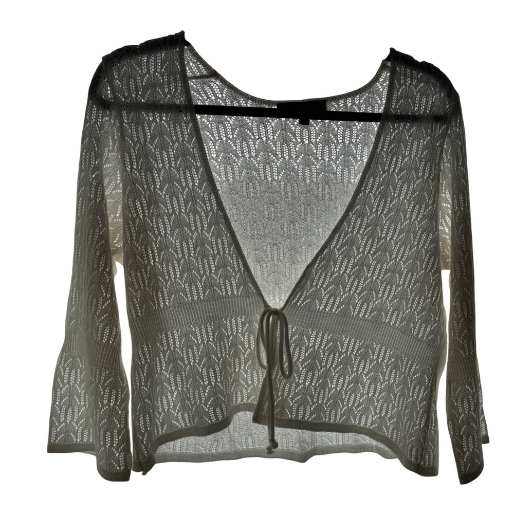 Vintage Notations Crochet Knit Cardigan Women Medium White Tie Front Boho Indie